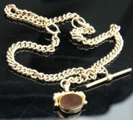 A 9 carat gold fob chain with double sided seal in blood stone and carnelian, approx total 78.