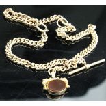 A 9 carat gold fob chain with double sided seal in blood stone and carnelian, approx total 78.