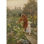 GRACE POWELL AFTER ROSE BARTON "Gentleman and young girl picking flowers in a garden", watercolour,