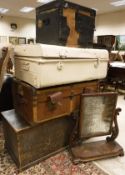 A black leather covered and iron bound pine chest, a metal cream painted trunk,