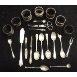 Assorted miscellaneous silver wares to include six odd silver napkin rings, odd silver teaspoons,