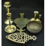 Assorted brass and metal wares to include brass coal helmet, brass and embossed umbrella stand,