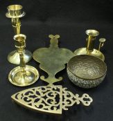 Assorted brass and metal wares to include brass coal helmet, brass and embossed umbrella stand,