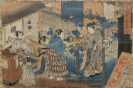 19TH CENTURY JAPANESE SCHOOL IN THE MANNER OF KIYONAGA "Figure in a doorway handing over gift of