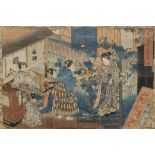 19TH CENTURY JAPANESE SCHOOL IN THE MANNER OF KIYONAGA "Figure in a doorway handing over gift of