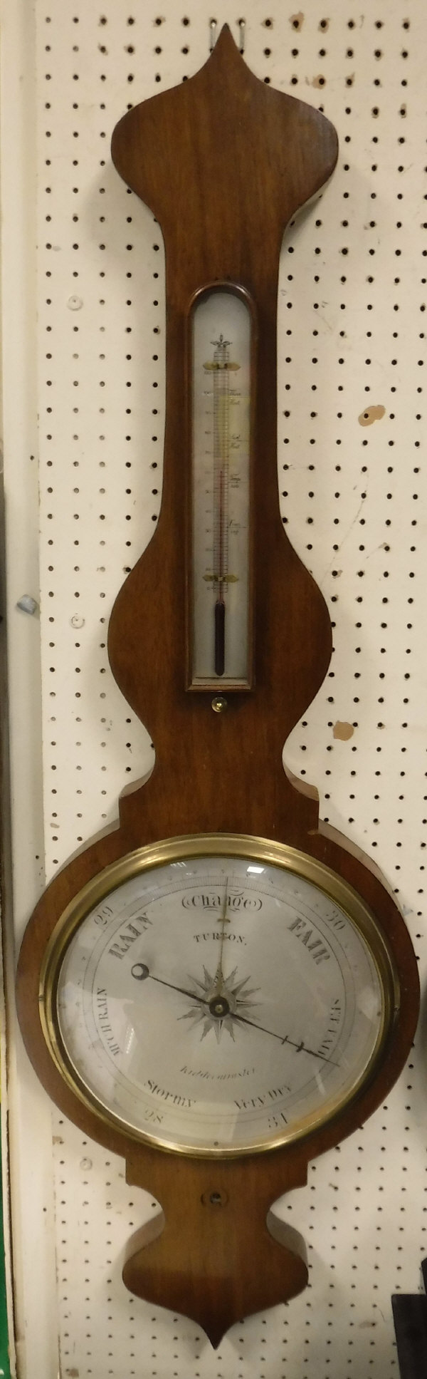 A mahogany cased banjo barometer with alcohol thermometer,