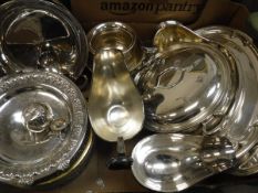 Two boxes of assorted plated wares to include Continental serving tureens and covers, pedestal bowl,