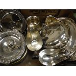 Two boxes of assorted plated wares to include Continental serving tureens and covers, pedestal bowl,