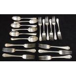 A set of six silver dessert forks and six silver spoons (by Jossiah Williams & Co London,