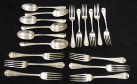 A set of six silver dessert forks and six silver spoons (by Jossiah Williams & Co London,