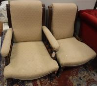 Two Victorian ladies and a gents walnut framed salon chairs in cream patterned upholstery,