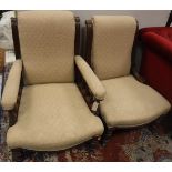 Two Victorian ladies and a gents walnut framed salon chairs in cream patterned upholstery,