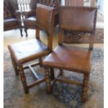 A set of seven leather and oak framed dining chairs on turned and ringed front legs to stretchered