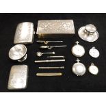 Assorted items to include two silver cigarette cases with scrolling foliate decoration,