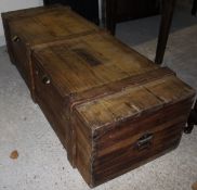 A pine chest with iron and carrying handles,