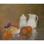 JUSTINE WESTHEAD "Oranges and grapes" still life study featuring storage jars, oil on canvas,