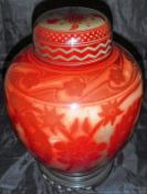 A Bernard Moore flambé ware ginger jar and cover on associated Chinese style carved wooden stand,