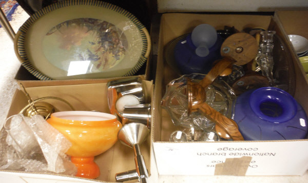 Four boxes of assorted decorative china and glassware to include vases, water jug and glass set,