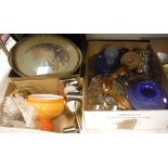 Four boxes of assorted decorative china and glassware to include vases, water jug and glass set,