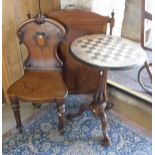 A 19th Century mahogany and inlaid fire screen, a walnut centre table with chessboard inlaid top,