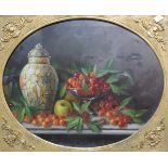 G RUPERT "Vase and cherries in bowl", still life study, oil on canvas, unsigned,