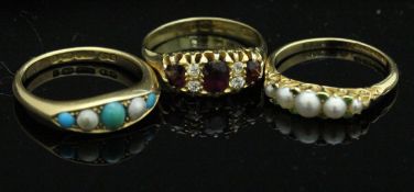 Three 18 carat gold dress rings set with semi-precious stones and pearls,