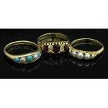 Three 18 carat gold dress rings set with semi-precious stones and pearls,