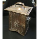A circa 1900 Arts & Crafts style beaten and studded copper coal box IN THE MANNER OF CHARLES VOYSEY,