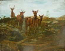 FRED PETRE "Deer in landscape", oil on board,