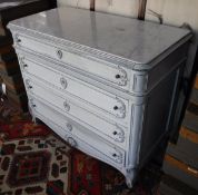 A white marble topped French commode of four long drawers with shaped apron,