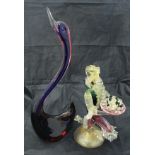 A pair of Murano Flavio Poli glass swans by Seguso Vetri D'Arte in blue and pink,