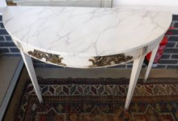A pair of demi-lune side tables with faux painted marble top,