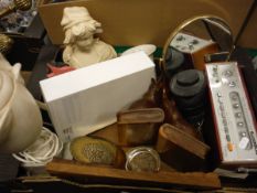 Three boxes of miscellaneous sundry items to include wooden book ends, a Pol Roger & Co.