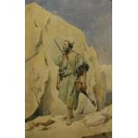 A FORMERI? "Middle Eastern gentleman walking barefoot amongst rocks", watercolour,