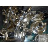 One box of assorted electro-plated wares to include teapots, hot water pots, sugar bowls,