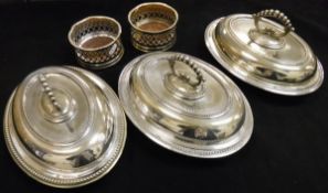 Assorted electro-plated tureens and wine bottle coasters