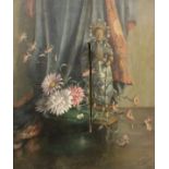 W PASCOE "Oriental deity and flowers in pot", still life study, oil on canvas,