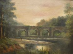 R HENRY JUNIOR "Figures on bridge over river", oil on canvas,
