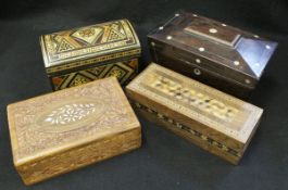 Assorted treen ware to include rosewood and mother of pearl inlaid sarcophagus-shaped tea caddy,