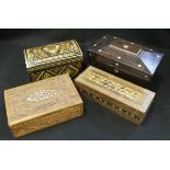 Assorted treen ware to include rosewood and mother of pearl inlaid sarcophagus-shaped tea caddy,