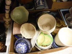 Three boxes of various jardiniers, etc, together with three boxes of assorted table lamps,