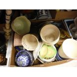 Three boxes of various jardiniers, etc, together with three boxes of assorted table lamps,