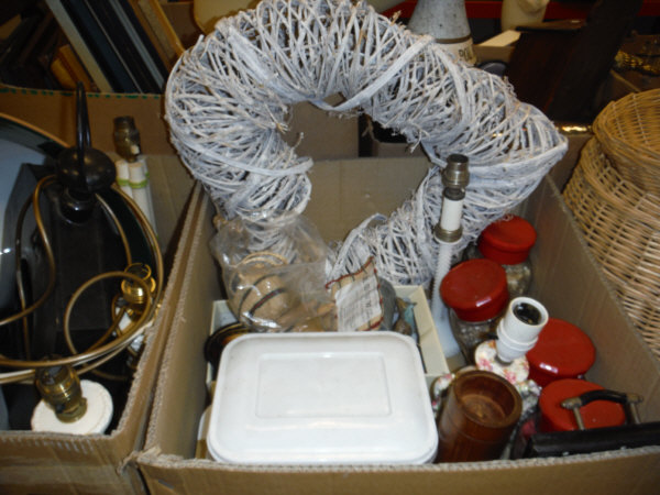 Two boxes of assorted decorative items to include table lamps,