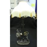 A modern cold cast bronze figural table lamp of street lamp lighter and child with dog