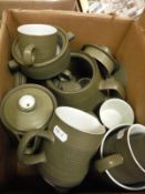 Four boxes of sundry glass, china and brass ware, to include Denby, candlesticks, etc,