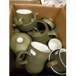 Four boxes of sundry glass, china and brass ware, to include Denby, candlesticks, etc,