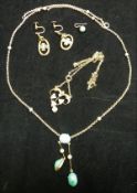 A 9 carat gold and turquoise necklace and associated earrings,
