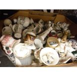 Seven boxes of assorted china and glass to include various vases, decorative plates, storage jars,