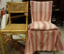 Six bamboo and cane dining chairs with loose pink striped fitted covers CONDITION REPORTS