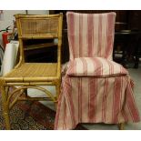 Six bamboo and cane dining chairs with loose pink striped fitted covers CONDITION REPORTS